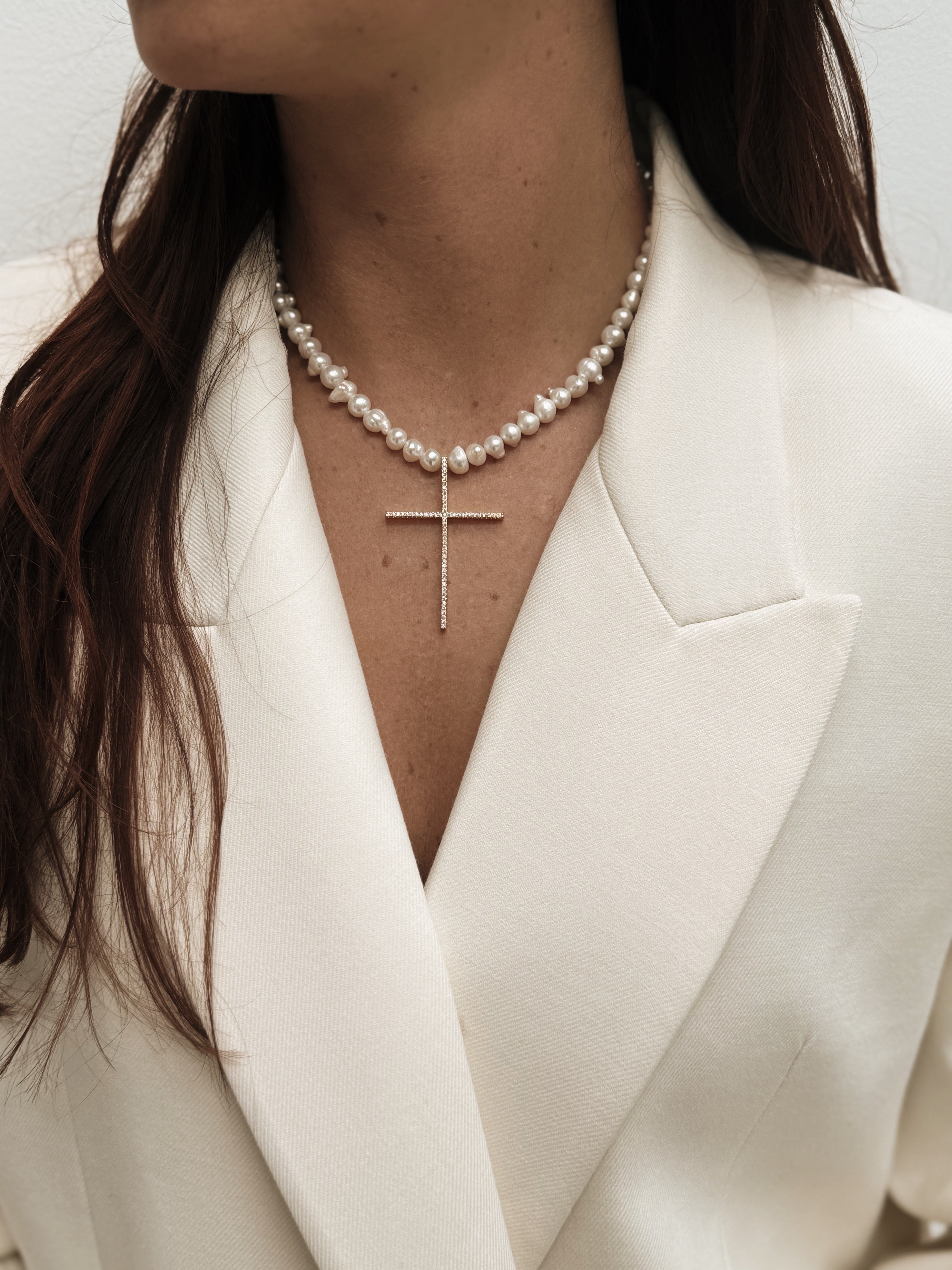 Freshwater Pearl Thin Cross Necklace