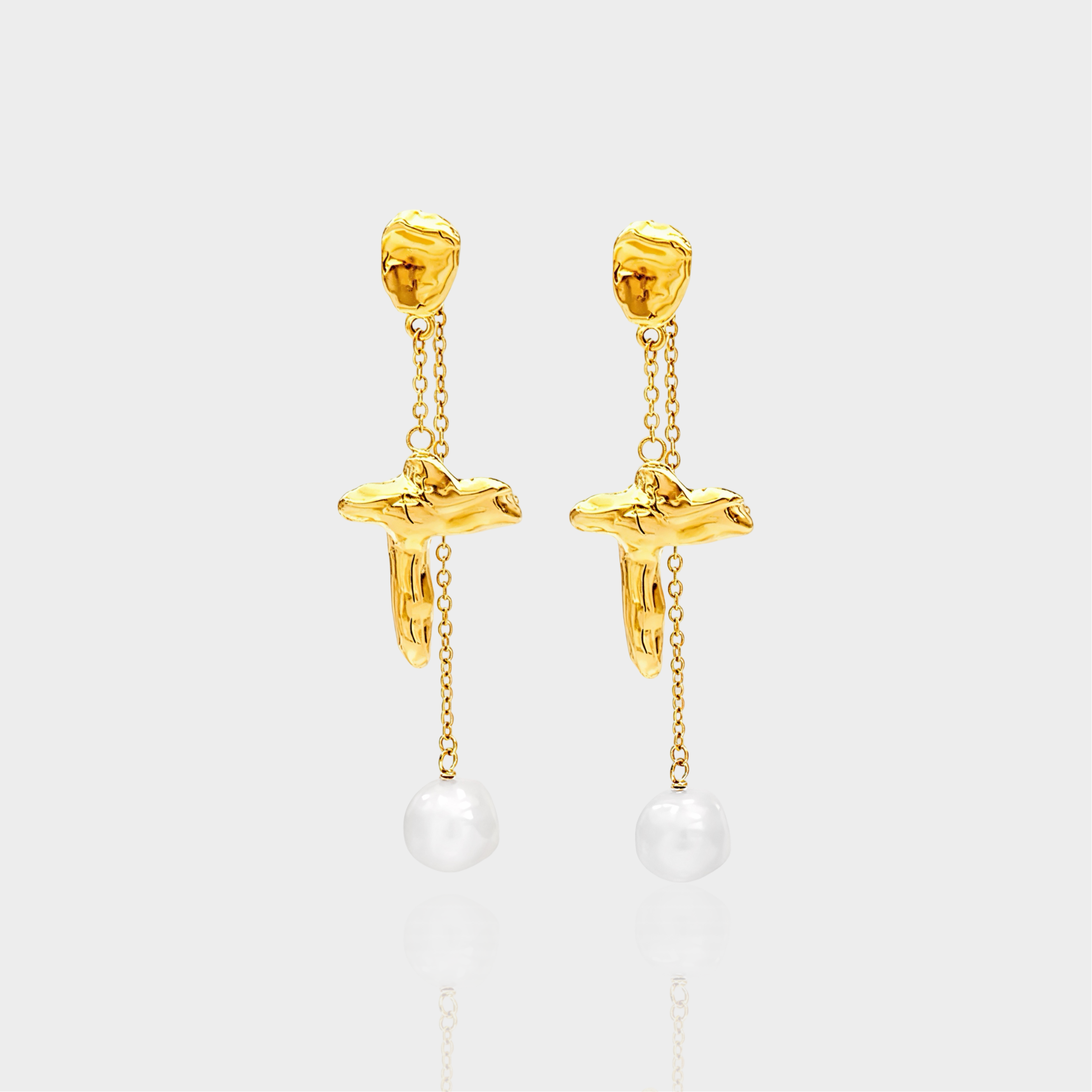 Cross Pearl Dangly Earrings