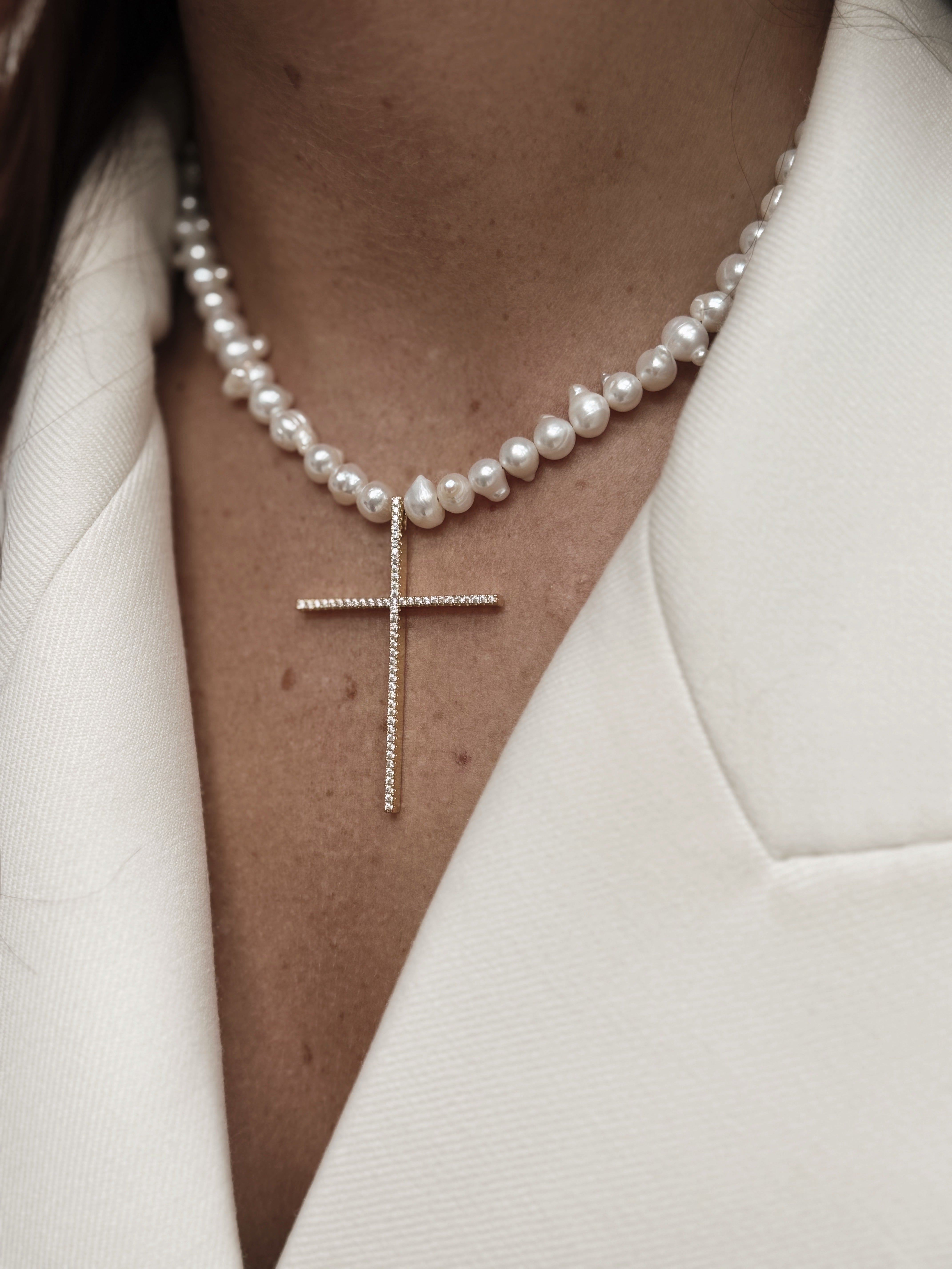 Freshwater Pearl Thin Cross Necklace