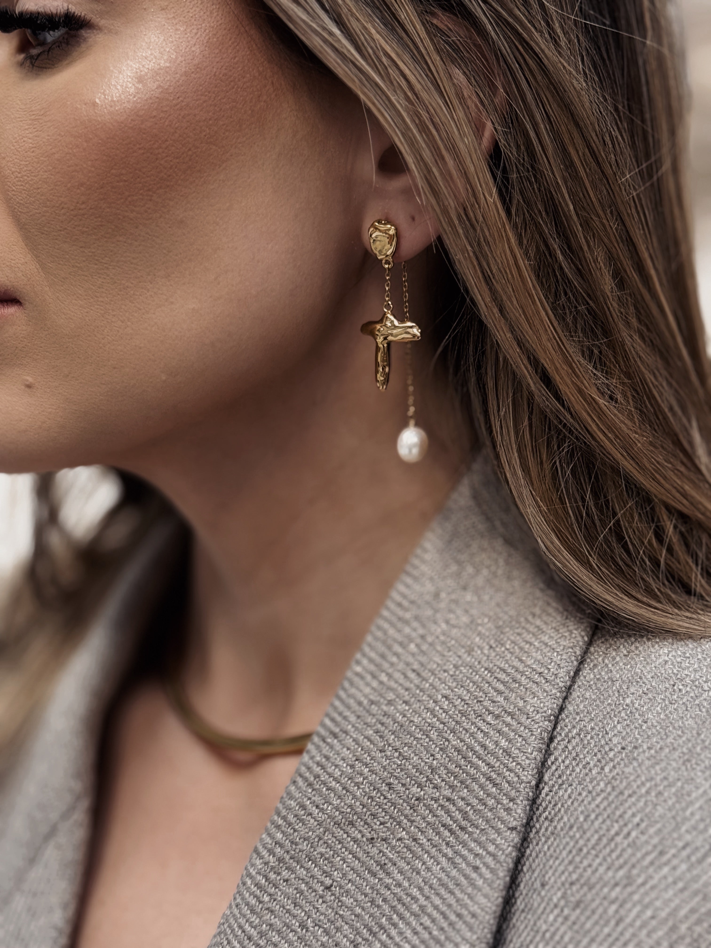 Cross Pearl Dangly Earrings